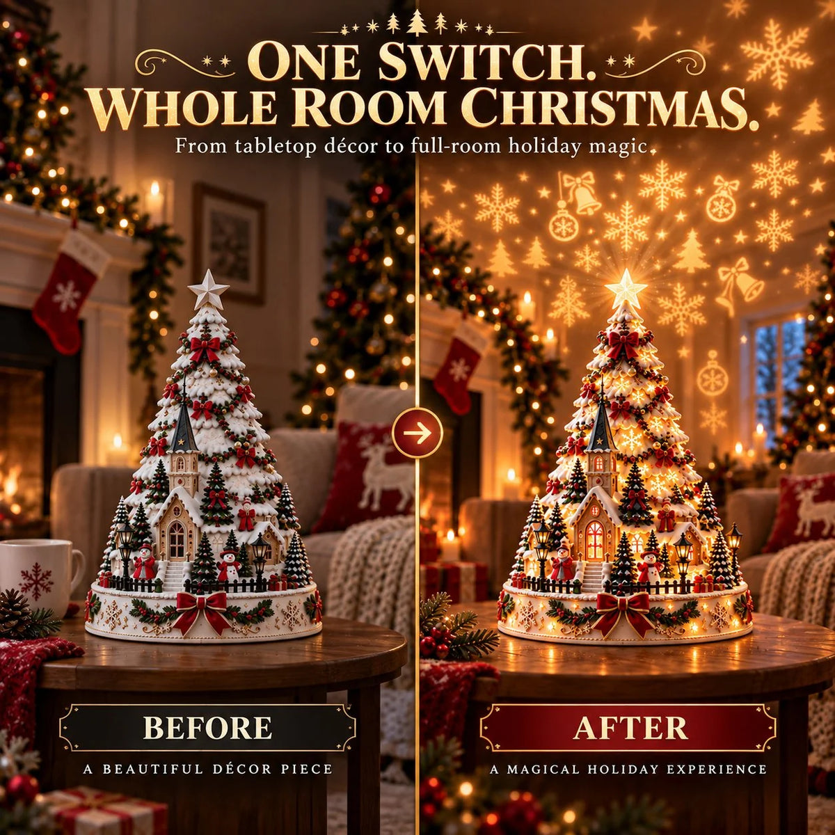 🎄✨ Last Day 50% OFF | Christmas Village Projection Centerpiece – 4 Magical Holiday Village Scenes for a Festive Home