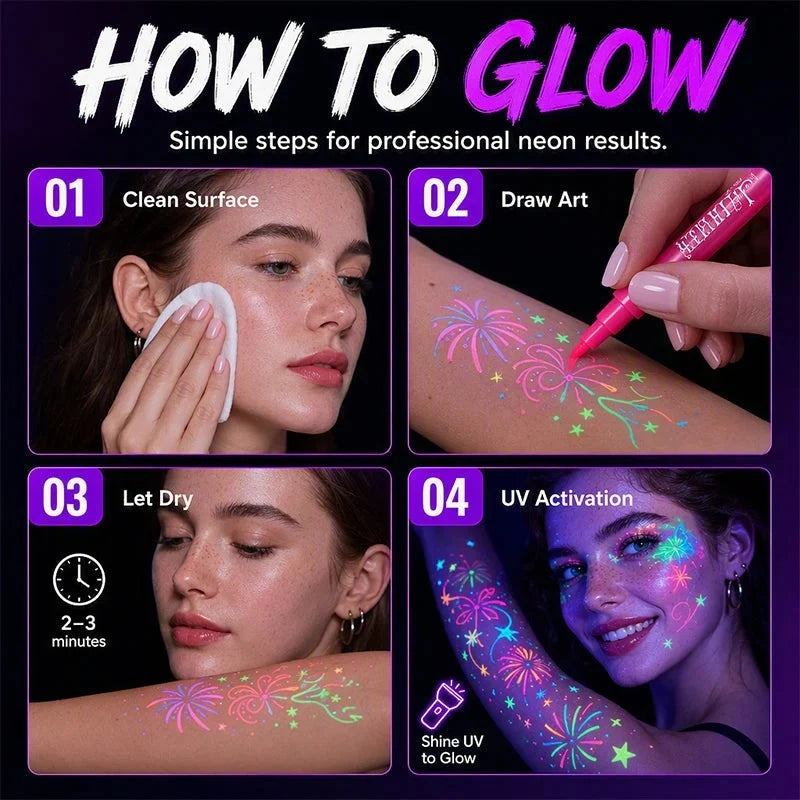 🎃 Halloween Glow Tattoo Pens | Glow-in-the-Dark Body Art Markers for Spooky Parties