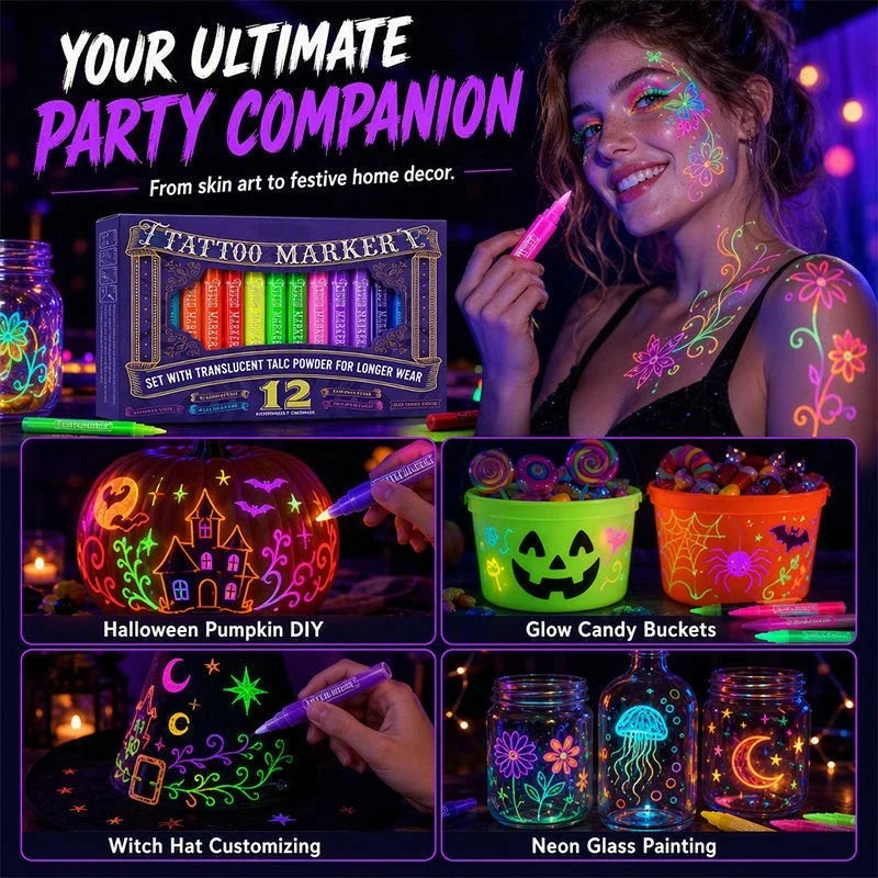 🎃 Halloween Glow Tattoo Pens | Glow-in-the-Dark Body Art Markers for Spooky Parties