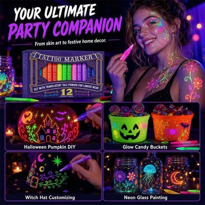 🎃 Halloween Glow Tattoo Pens | Glow-in-the-Dark Body Art Markers for Spooky Parties