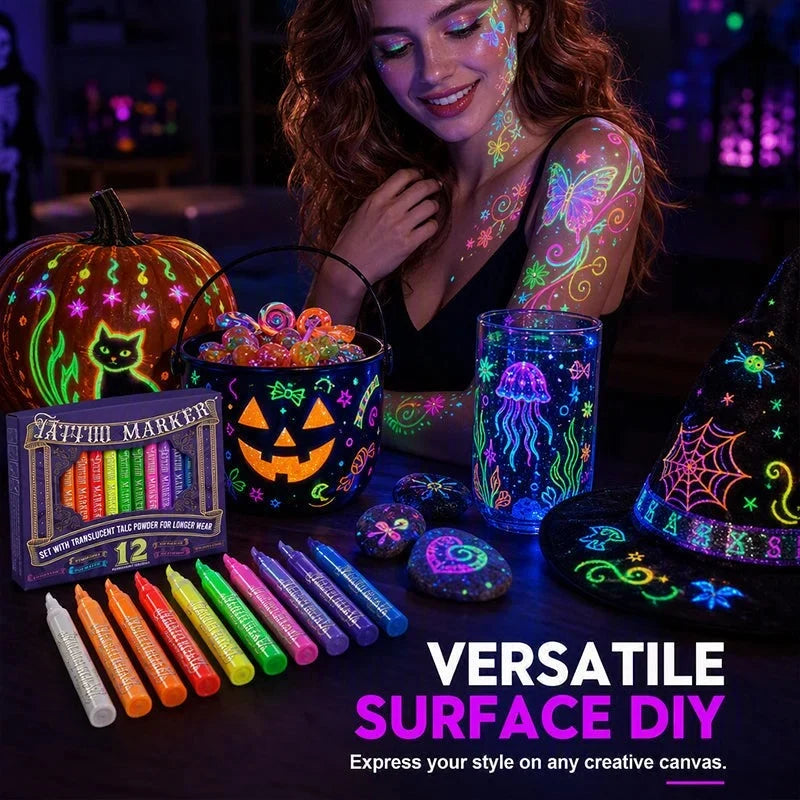 🎃 Halloween Glow Tattoo Pens | Glow-in-the-Dark Body Art Markers for Spooky Parties