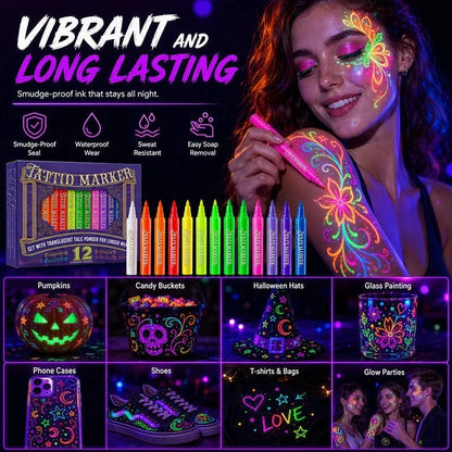 🎃 Halloween Glow Tattoo Pens | Glow-in-the-Dark Body Art Markers for Spooky Parties