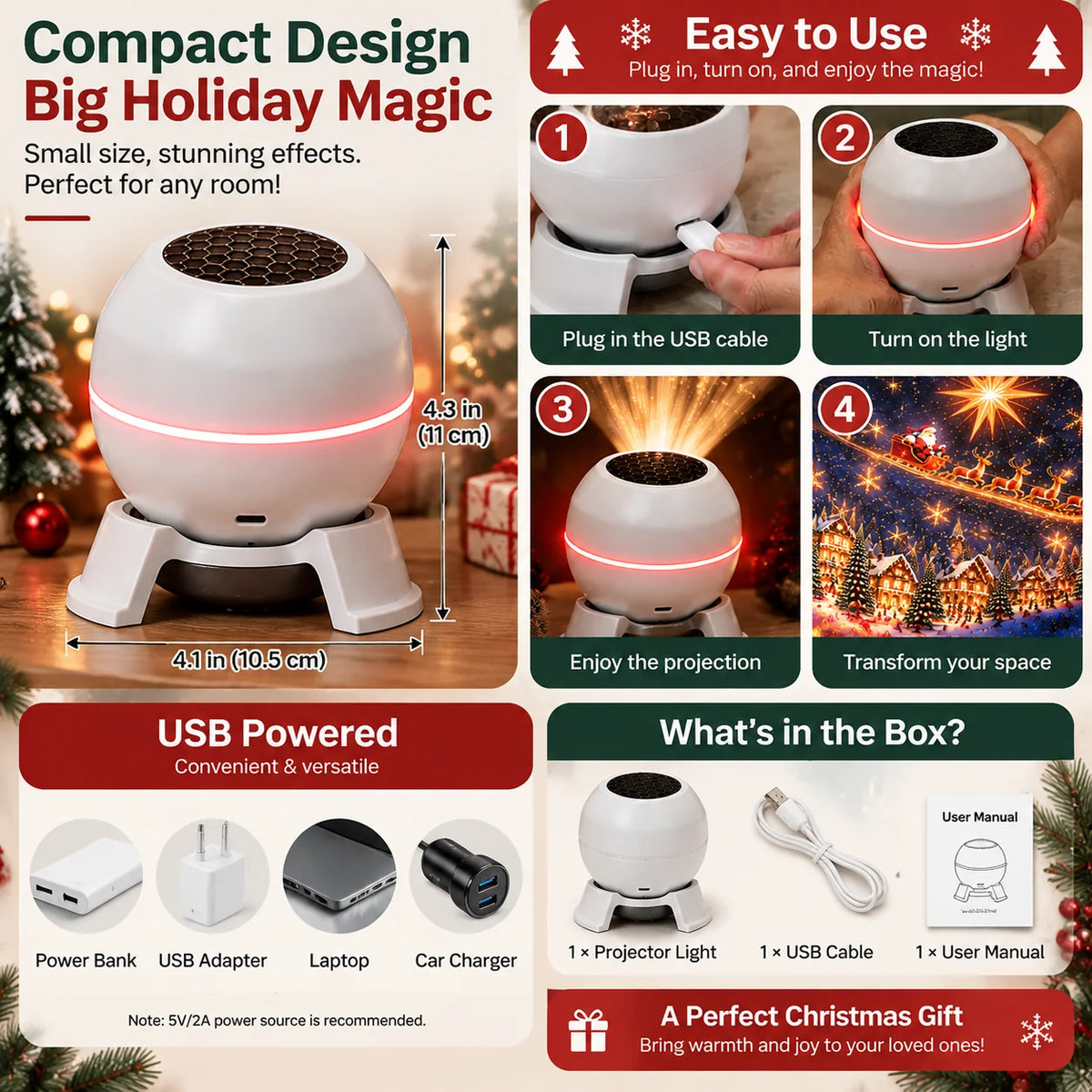 🔥LAST DAY 50% OFF -🎄 Magical Christmas Projection Night Light – Transform Any Room Into A Holiday Wonderland