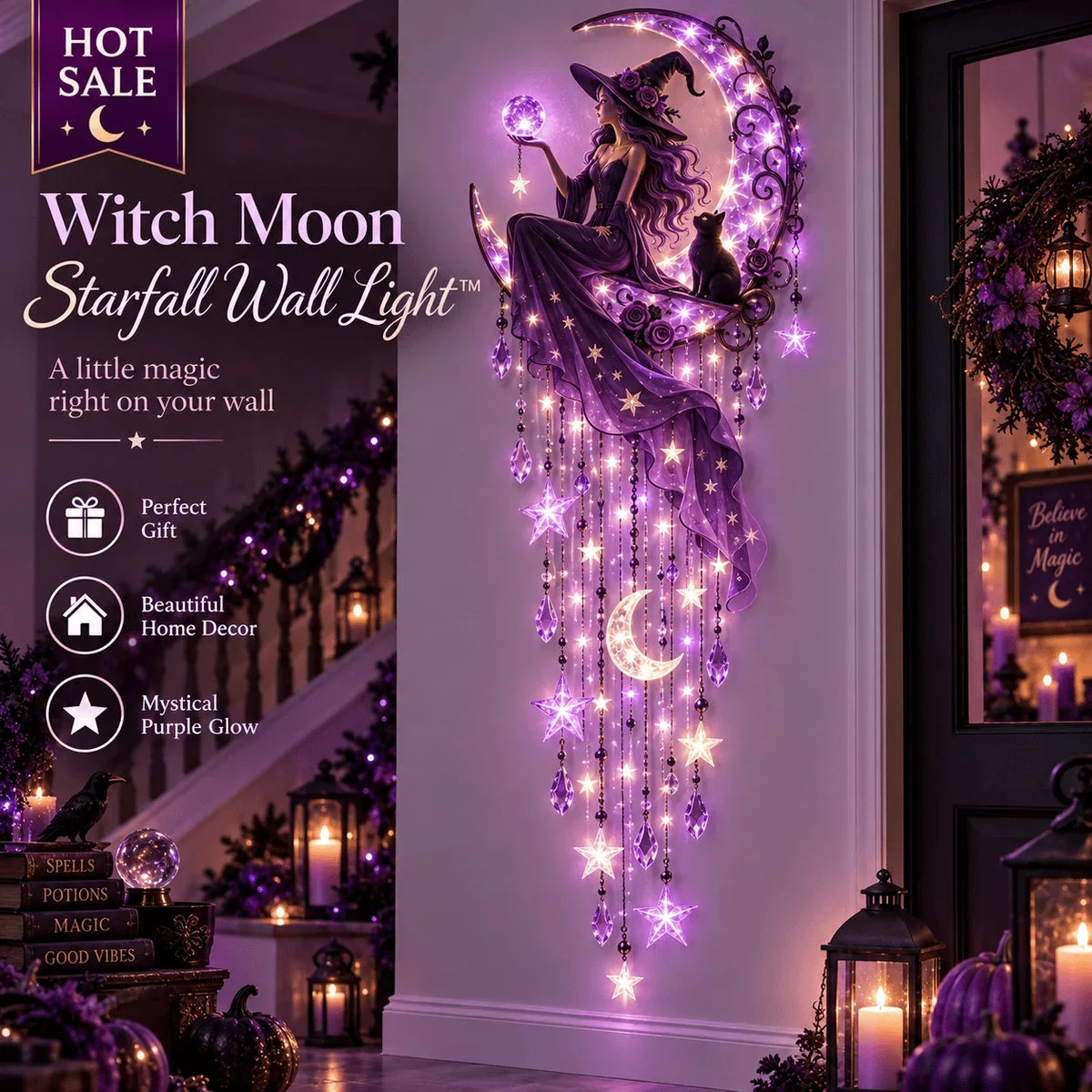 🌙✨ 🌙 Witch Moon Starfall Wall Light – Magical Purple Glow & Gothic Decor