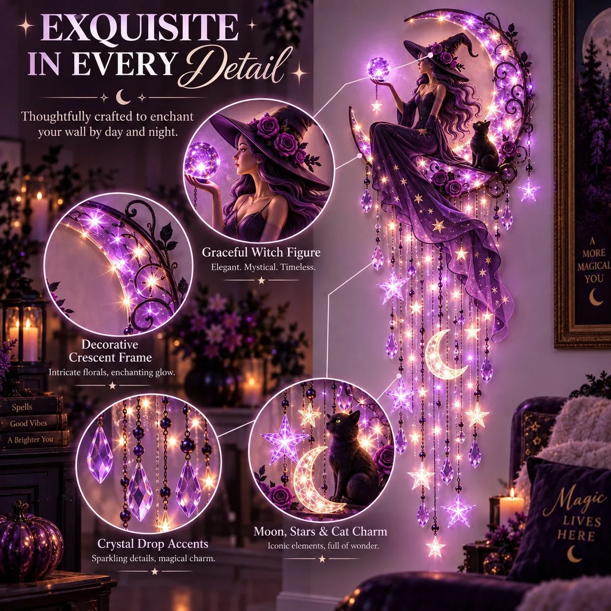 🌙✨ 🌙 Witch Moon Starfall Wall Light – Magical Purple Glow & Gothic Decor