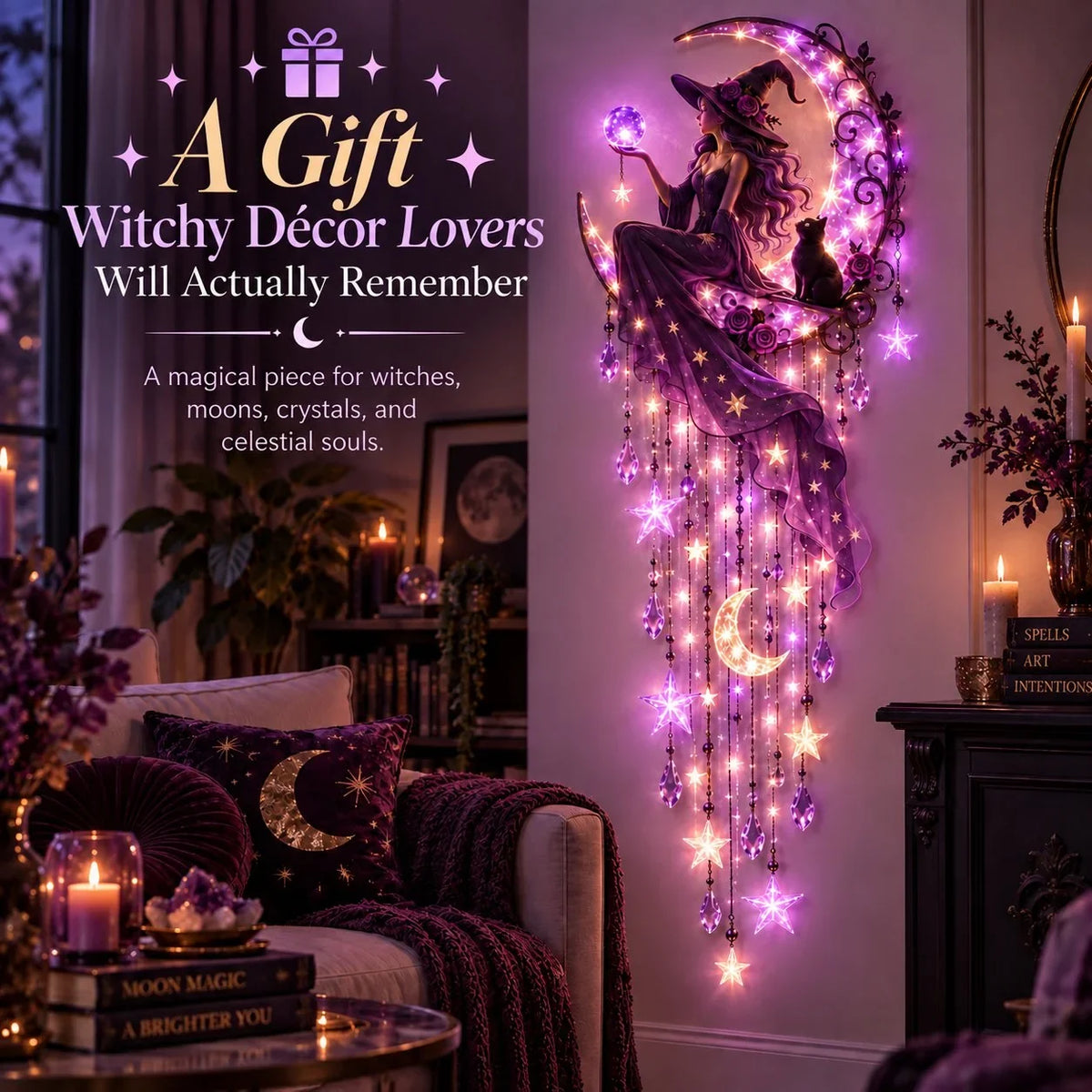 🌙✨ 🌙 Witch Moon Starfall Wall Light – Magical Purple Glow & Gothic Decor