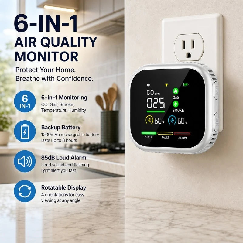 6-in-1 Smart Air Safety Monitor | CO, Gas & Smoke Detector with 8-Hour Battery Backup