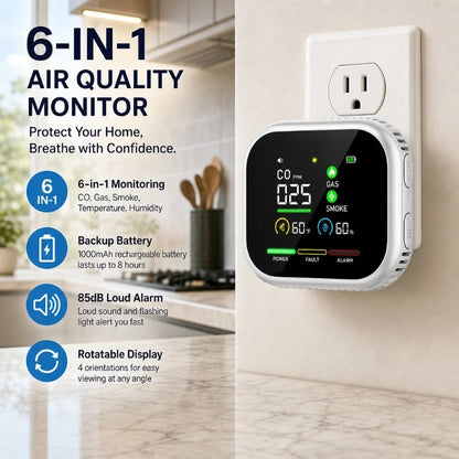 6-in-1 Smart Air Safety Monitor | CO, Gas & Smoke Detector with 8-Hour Battery Backup