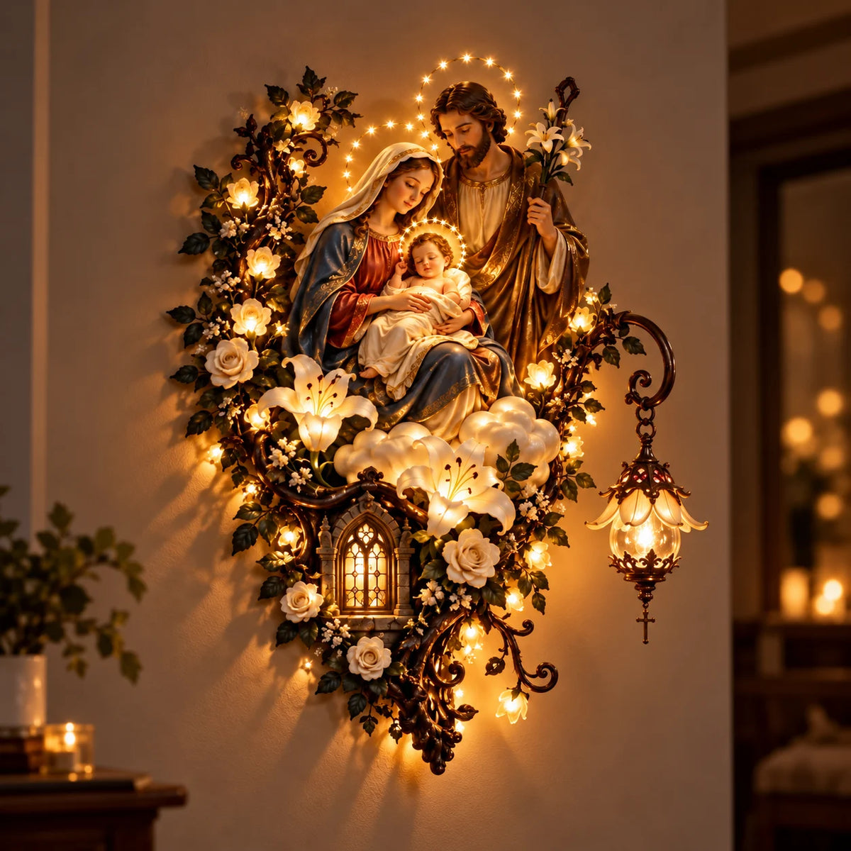 🙏✨ Glowing Blessed Mother Floral Wall Décor