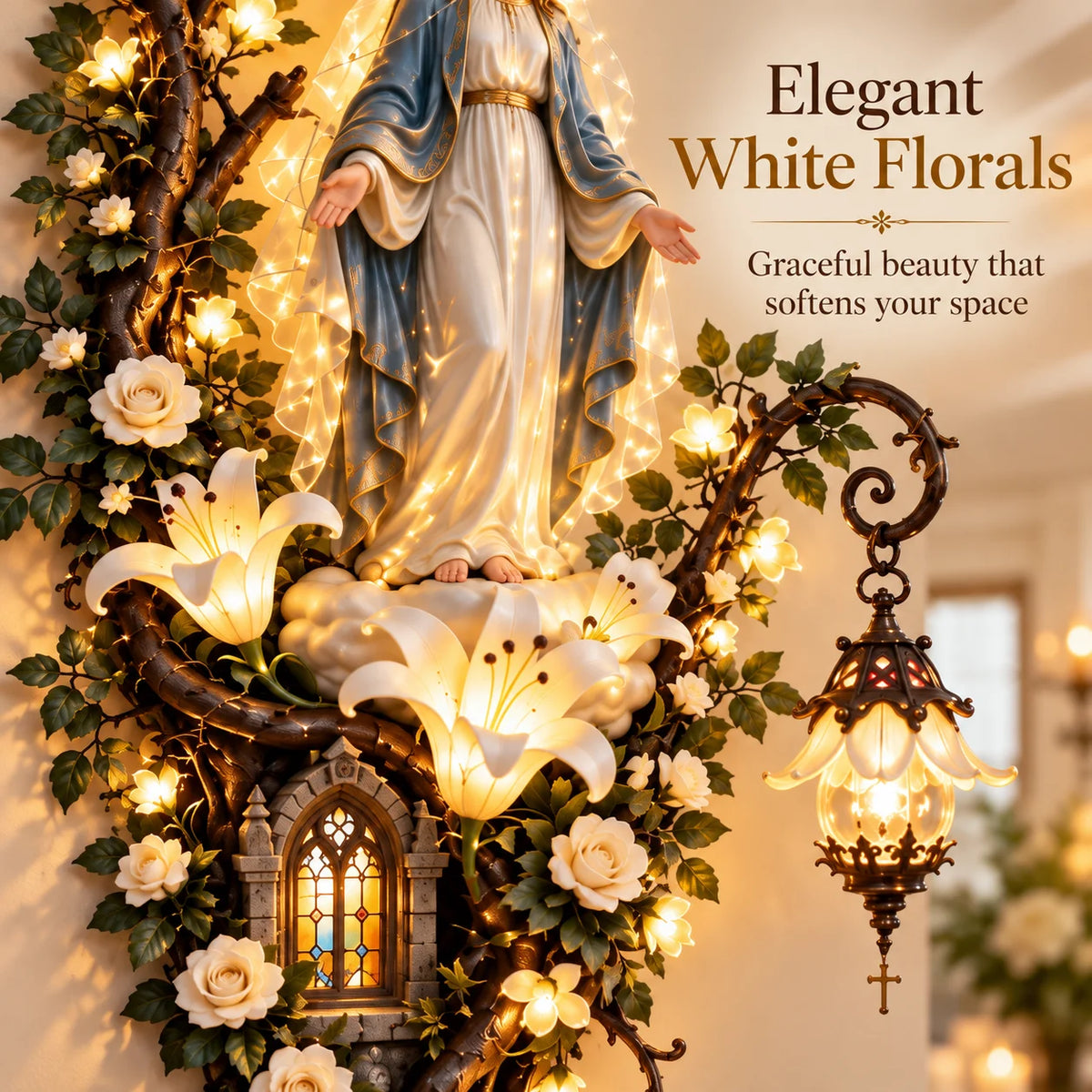 🙏✨ Glowing Blessed Mother Floral Wall Décor