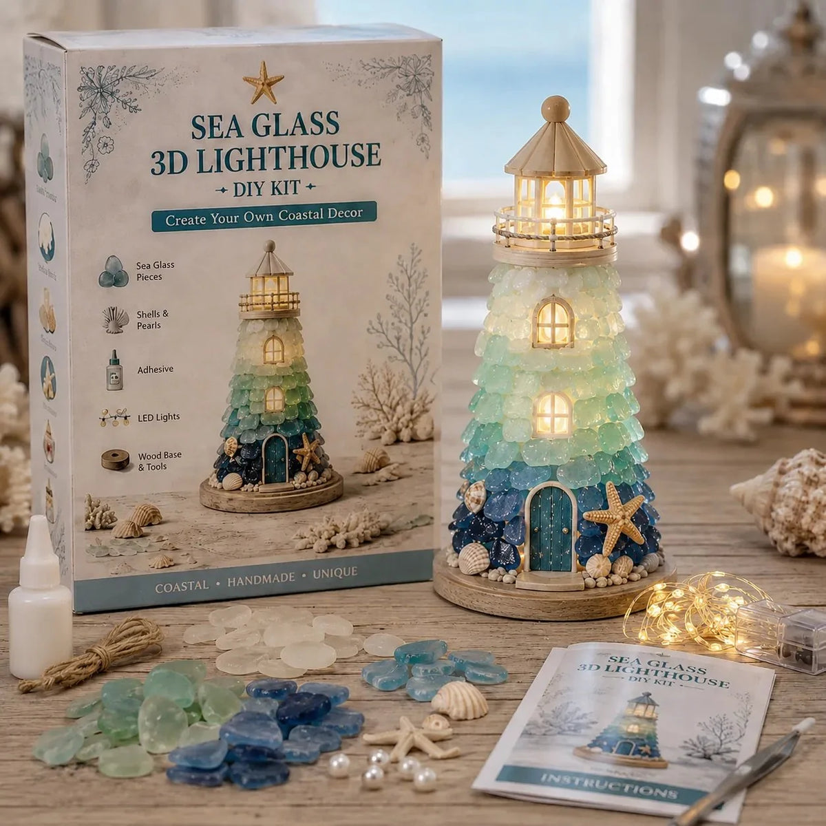 50%  Off - 🌊 Beginner-Friendly DIY Lighted Sea Glass-Style Lighthouse Kit Collection | Complete Kit with Sea Glass-Style Pieces, LED Lights & Step-by-Step Guide Included 💕