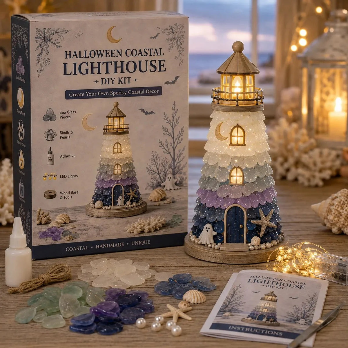 50%  Off - 🌊 Beginner-Friendly DIY Lighted Sea Glass-Style Lighthouse Kit Collection | Complete Kit with Sea Glass-Style Pieces, LED Lights & Step-by-Step Guide Included 💕