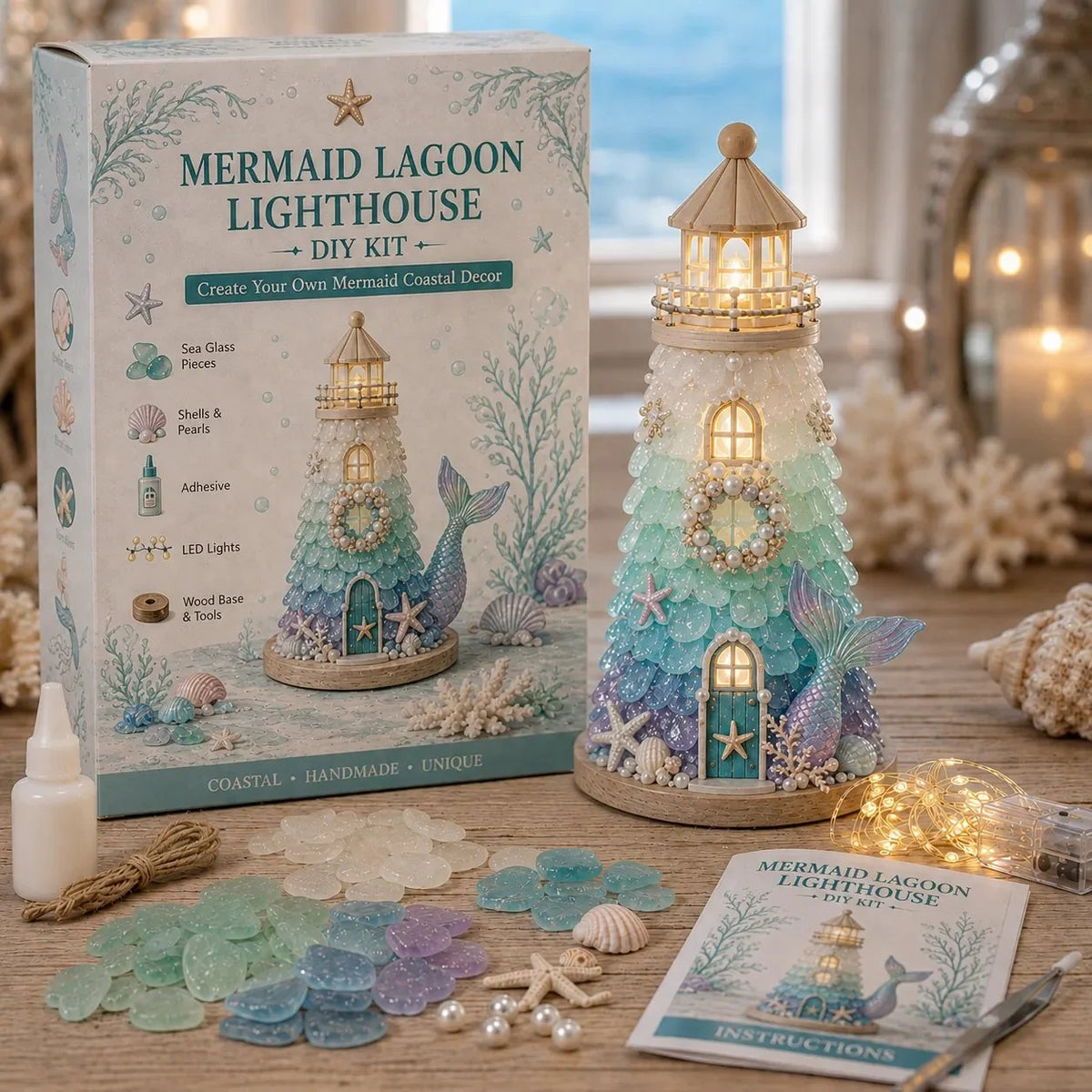 50%  Off - 🌊 Beginner-Friendly DIY Lighted Sea Glass-Style Lighthouse Kit Collection | Complete Kit with Sea Glass-Style Pieces, LED Lights & Step-by-Step Guide Included 💕