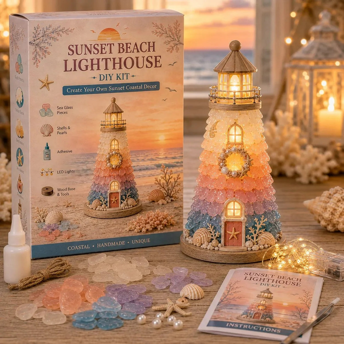50%  Off - 🌊 Beginner-Friendly DIY Lighted Sea Glass-Style Lighthouse Kit Collection | Complete Kit with Sea Glass-Style Pieces, LED Lights & Step-by-Step Guide Included 💕