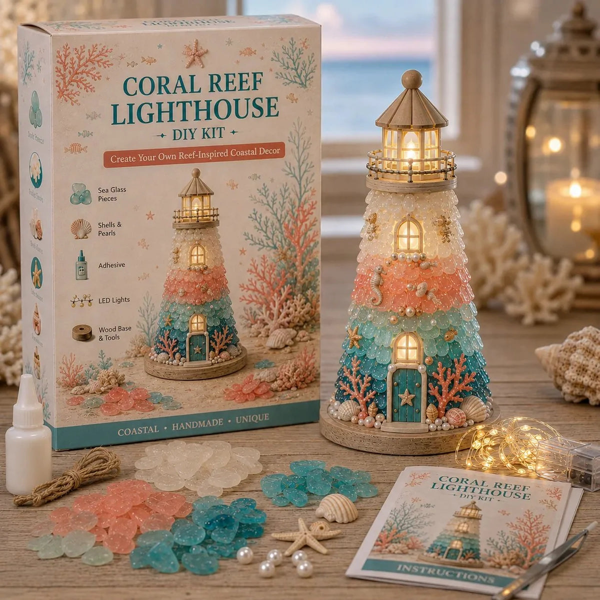 50%  Off - 🌊 Beginner-Friendly DIY Lighted Sea Glass-Style Lighthouse Kit Collection | Complete Kit with Sea Glass-Style Pieces, LED Lights & Step-by-Step Guide Included 💕