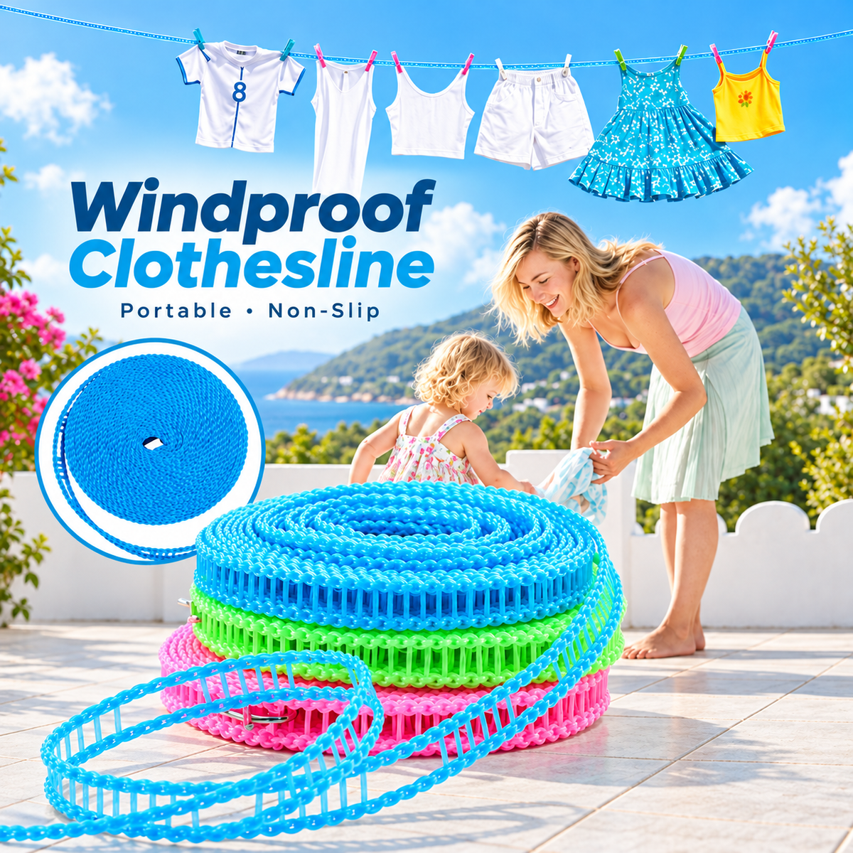 🔥Hot Sale - 50% OFF🔥 3-Pack Adjustable Windproof Clothesline with Hooks