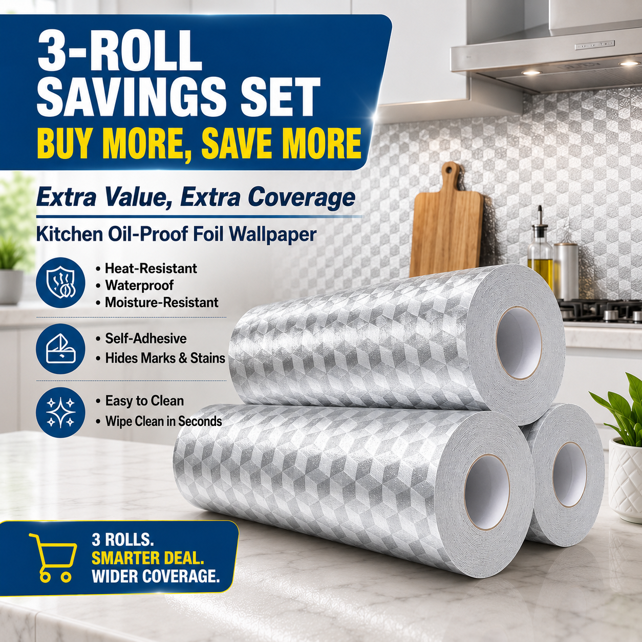 🔥50% OFF – Stainless Steel Oil-Proof Adhesive Wallpaper Roll for Kitchen Countertops, Cabinets & Backsplash