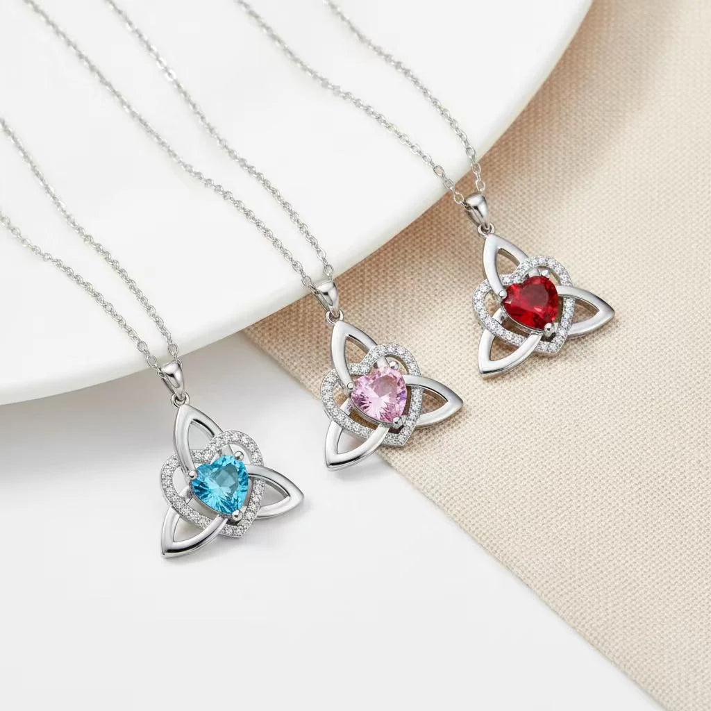✨ Celtic Trinity Knot Heart Birthstone Necklace | Heart-Shaped Pendant