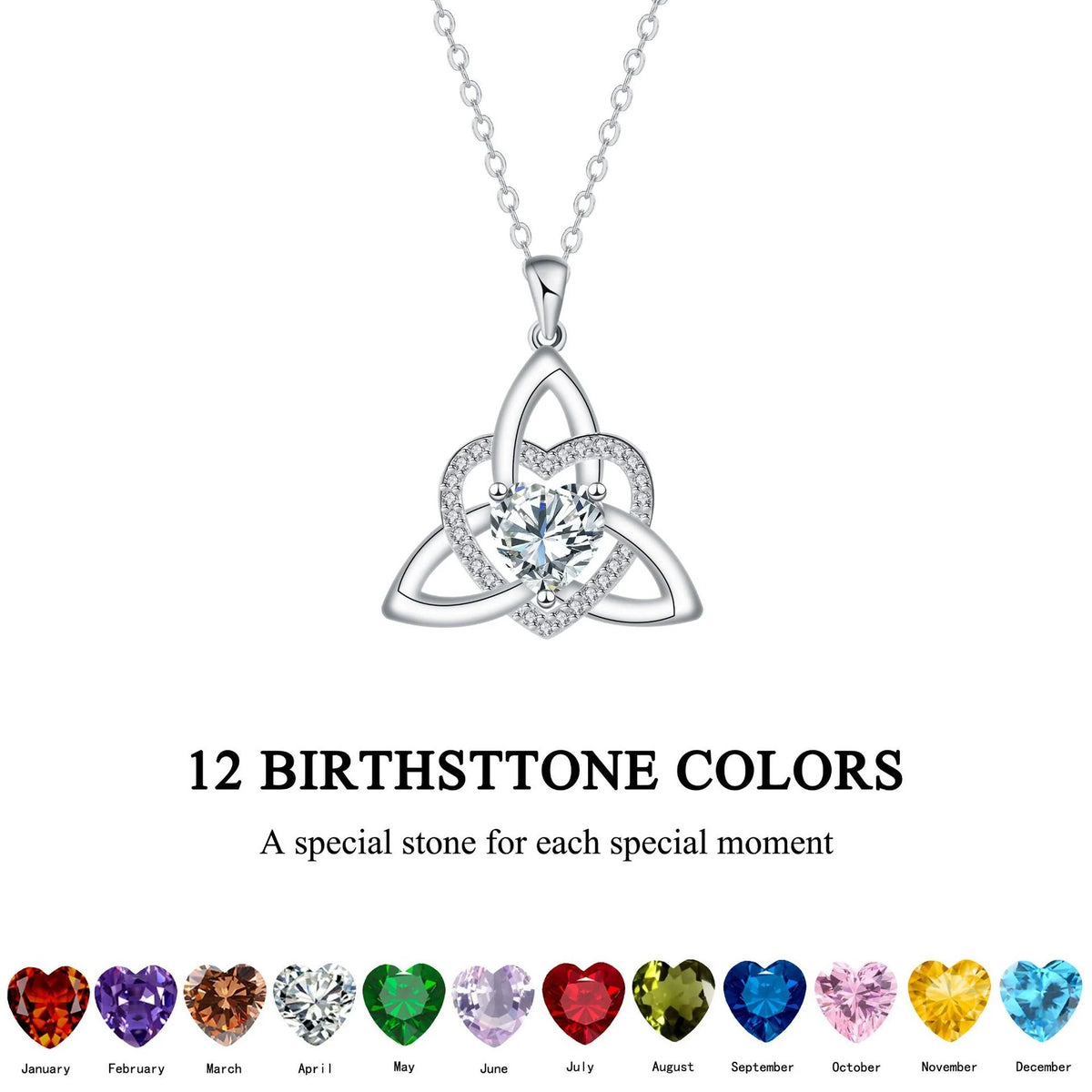 ✨ Celtic Trinity Knot Heart Birthstone Necklace | Heart-Shaped Pendant