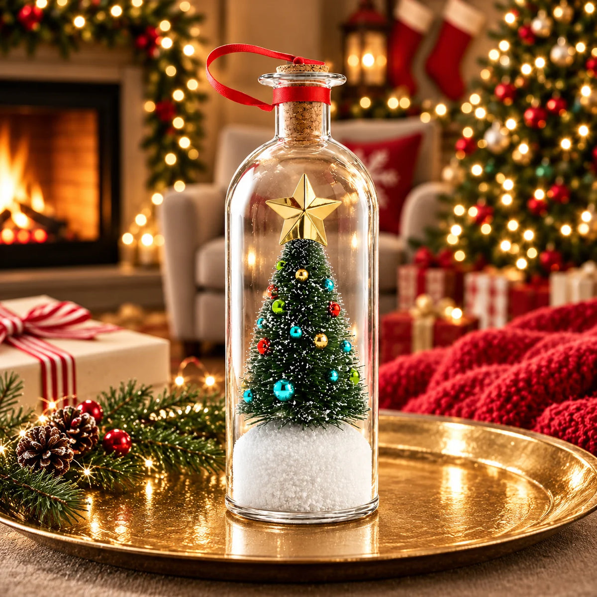 Illuminated Christmas tree keepsake bottle in holiday room