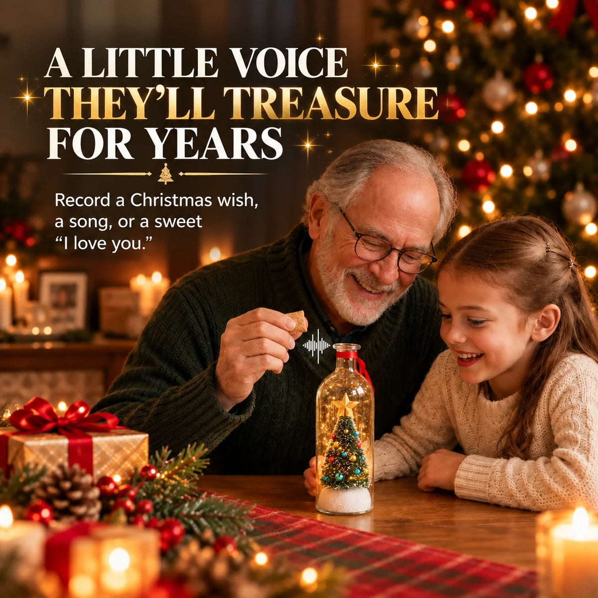 Grandparent and child listening to Christmas voice keepsake bottle