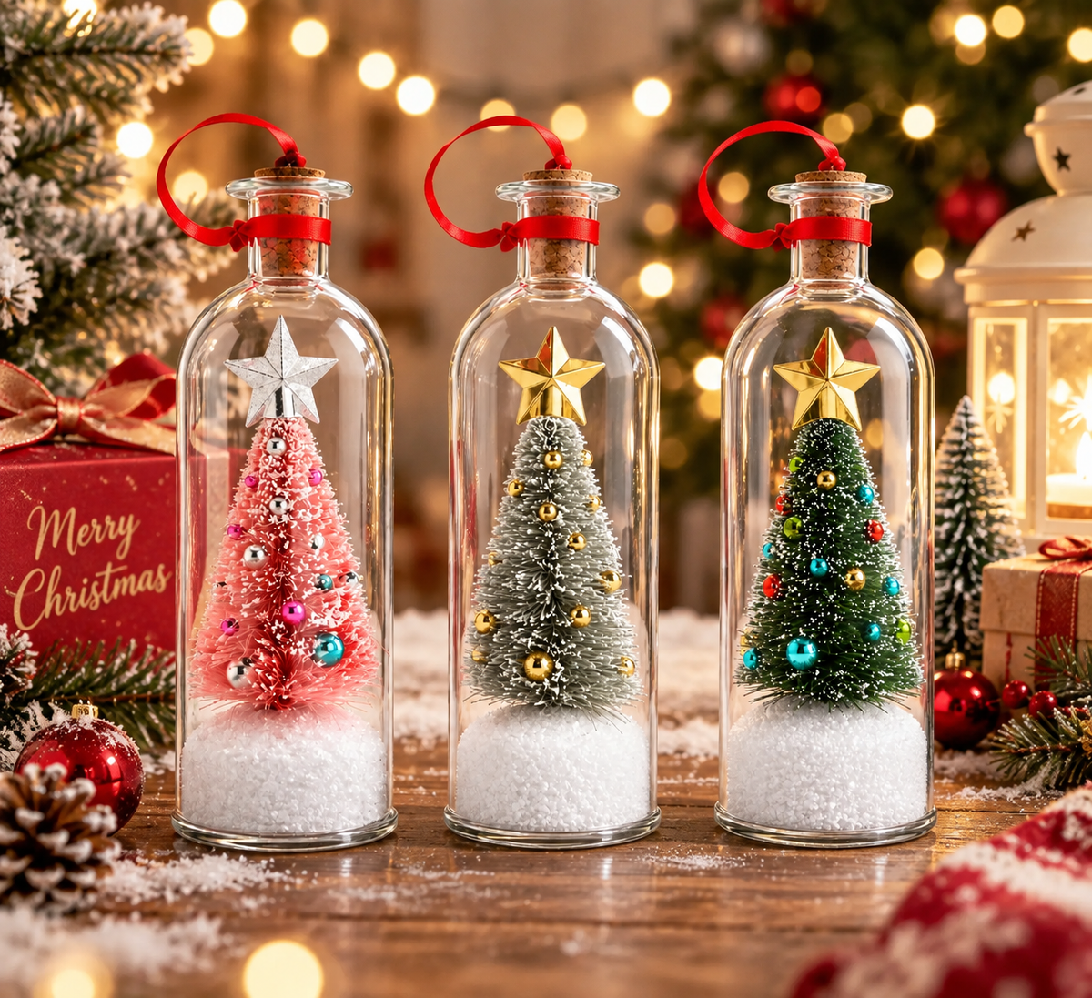 Christmas keepsake bottle in green grey and pink