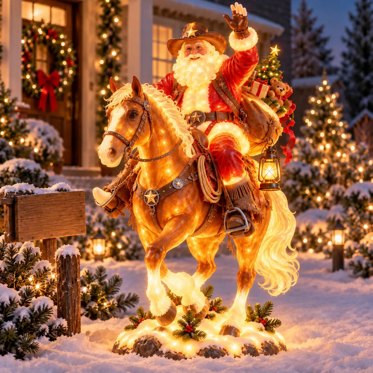🔥 Last Day 49% OFF – 🎅 Cowboy Santa on Horse Lighted Christmas Yard Decoration | Rustic Western Holiday Outdoor Décor