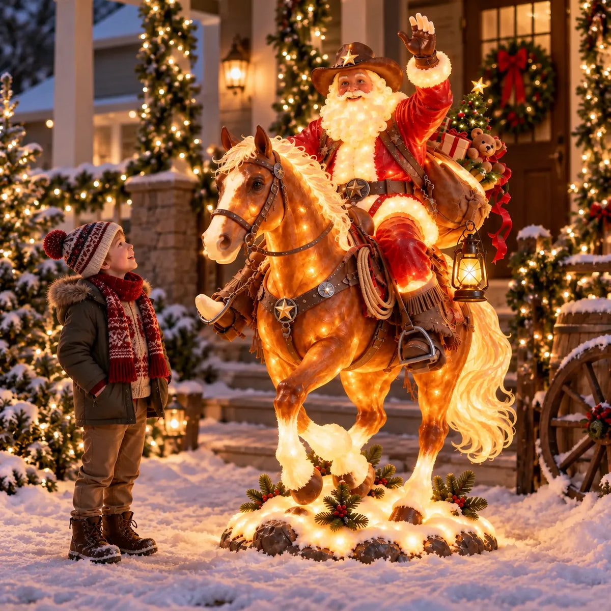 🔥 Last Day 49% OFF – 🎅 Cowboy Santa on Horse Lighted Christmas Yard Decoration | Rustic Western Holiday Outdoor Décor