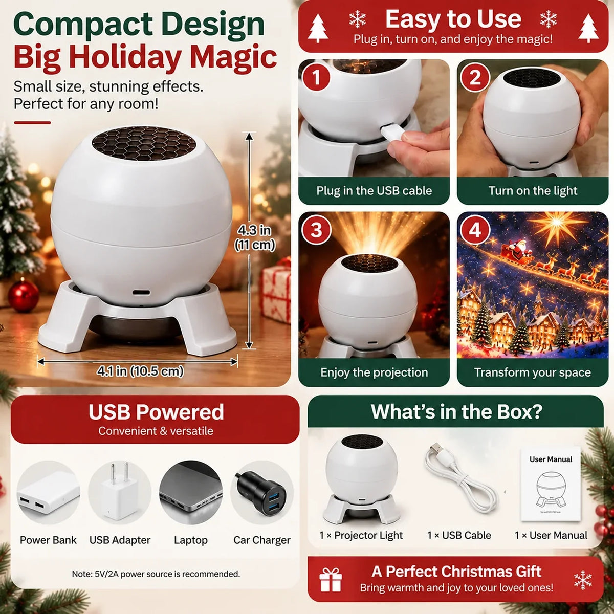 🎄 Magical Christmas Projection Night Light – Enchanting Holiday Room Projector & Festive Christmas Décor ✨