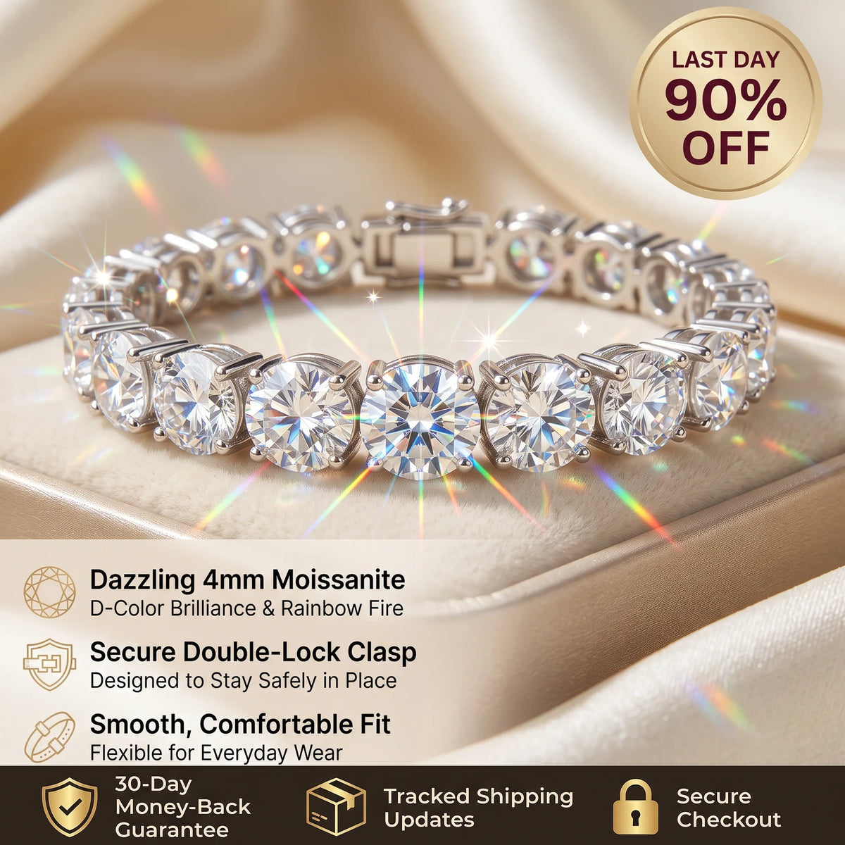 ✨ Last Day 90% OFF – 4mm D-Color Moissanite Tennis Bracelet | 14K Gold Plated Sparkle with Double Safety Clasp
