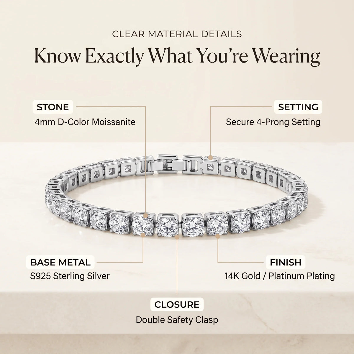 ✨ Last Day 90% OFF – 4mm D-Color Moissanite Tennis Bracelet | 14K Gold Plated Sparkle with Double Safety Clasp