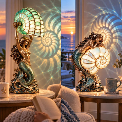 🧜‍♀️ Cast a Magical Ocean Glow! Vintage Mermaid Nautilus Stained Glass Ambient Lamp