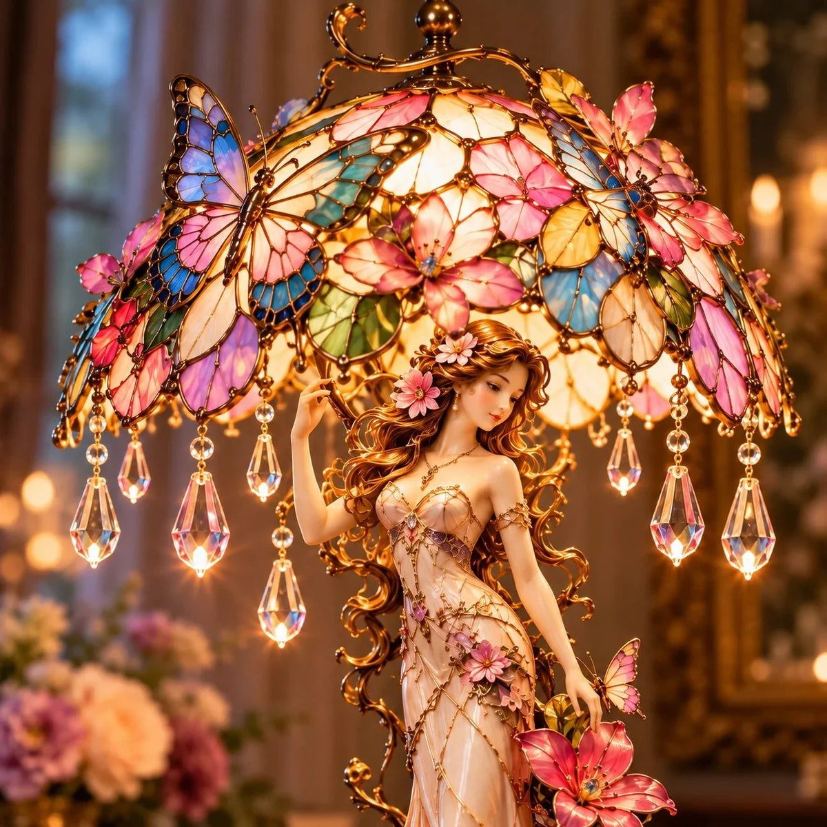 🦋✨ Enchanted Butterfly Lady Floral Lamp | Elegant Garden-Inspired Décor with a Magical Glow