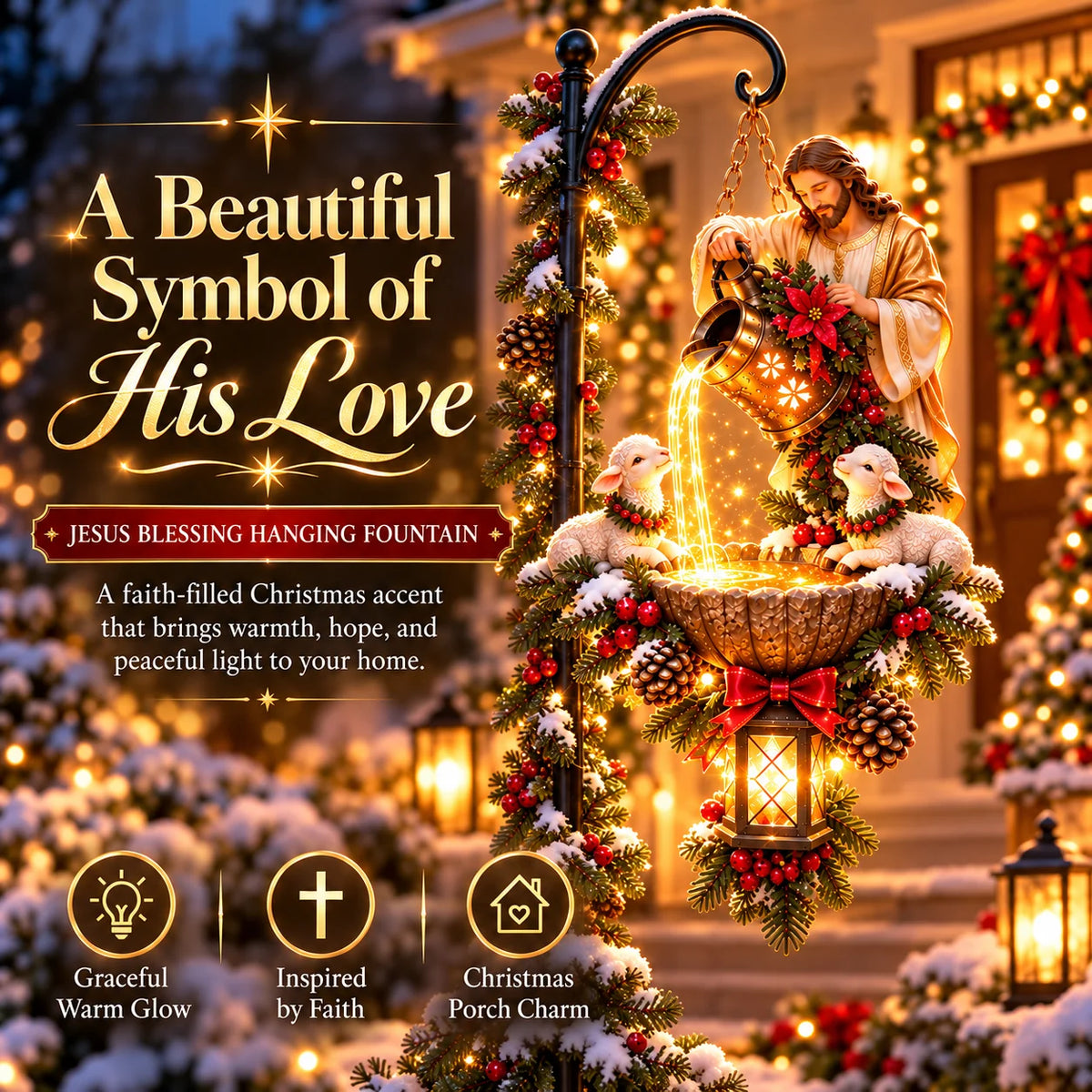 🔥 Last Day 50% OFF – ✝️ Jesus Blessing Hanging Fountain | Lighted Christian Christmas Décor 🙏✨