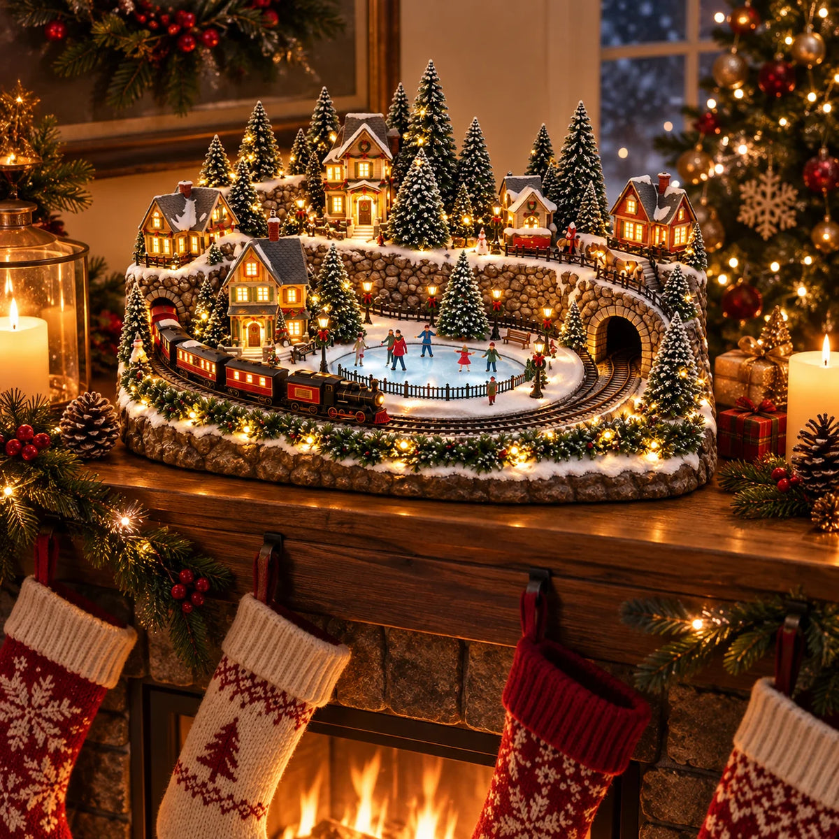 🔥 Last Day 49% OFF 🎄 Animated Christmas Train & Ice Skating Rink – Magical Lighted Holiday Village Décor ✨