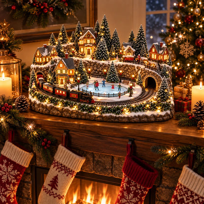 🔥 Last Day 49% OFF 🎄 Animated Christmas Train & Ice Skating Rink – Magical Lighted Holiday Village Décor ✨