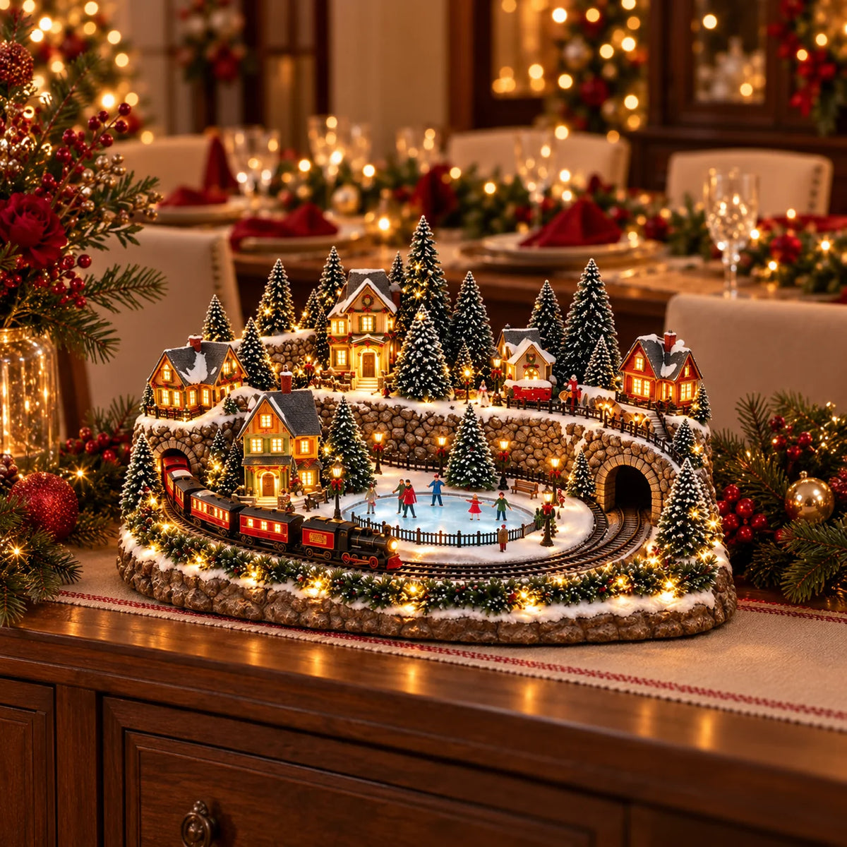🔥 Last Day 49% OFF 🎄 Animated Christmas Train & Ice Skating Rink – Magical Lighted Holiday Village Décor ✨