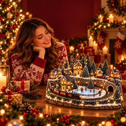 🔥 Last Day 49% OFF 🎄 Animated Christmas Train & Ice Skating Rink – Magical Lighted Holiday Village Décor ✨