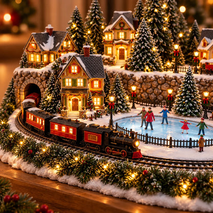 🔥 Last Day 49% OFF 🎄 Animated Christmas Train & Ice Skating Rink – Magical Lighted Holiday Village Décor ✨