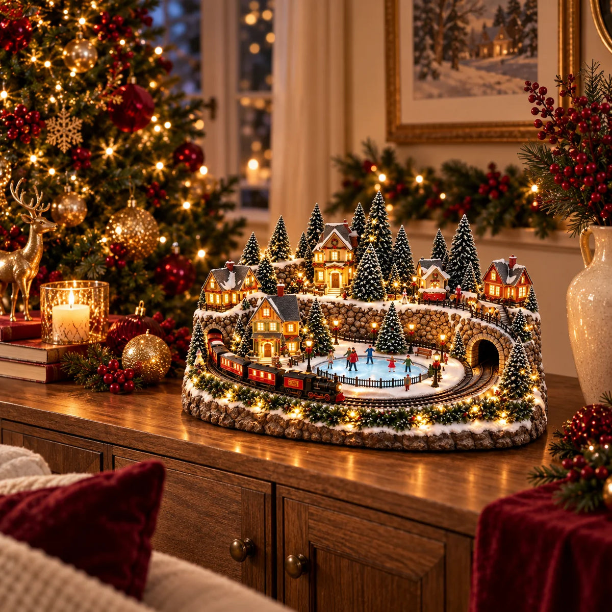 🔥 Last Day 49% OFF 🎄 Animated Christmas Train & Ice Skating Rink – Magical Lighted Holiday Village Décor ✨