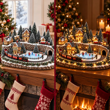 🔥 Last Day 49% OFF 🎄 Animated Christmas Train & Ice Skating Rink – Magical Lighted Holiday Village Décor ✨