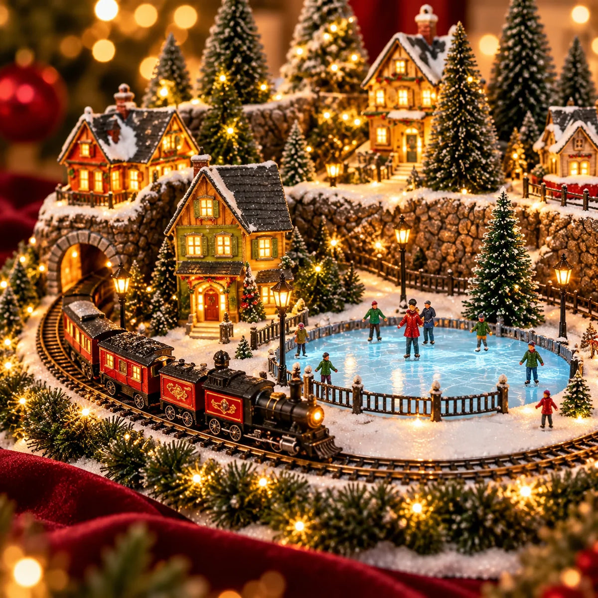 🔥 Last Day 49% OFF 🎄 Animated Christmas Train & Ice Skating Rink – Magical Lighted Holiday Village Décor ✨
