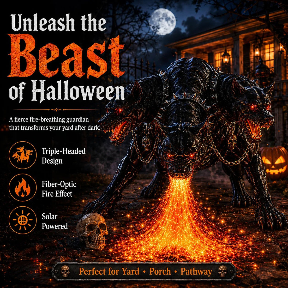 🎃 3-Headed Hellhound Halloween Light | Spooky Outdoor Yard Decoration