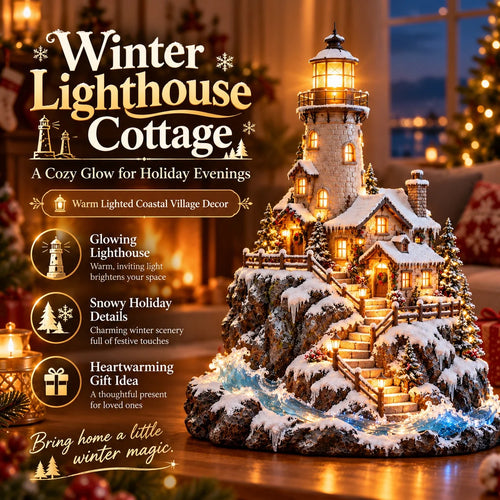 ❄️✨ Lighted Winter Lighthouse Cottage – Enchanting Christmas Village Décor with a Cozy Coastal Glow 🎄