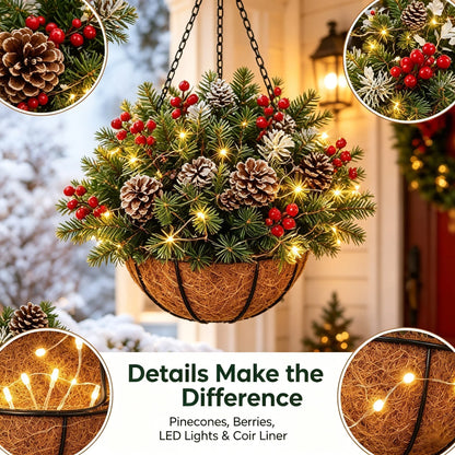 🎄✨ Last Day 50% OFF | Pre-Lit Christmas Hanging Basket – Festive Glow, Weather-Resistant & Hassle-Free Holiday Decor!