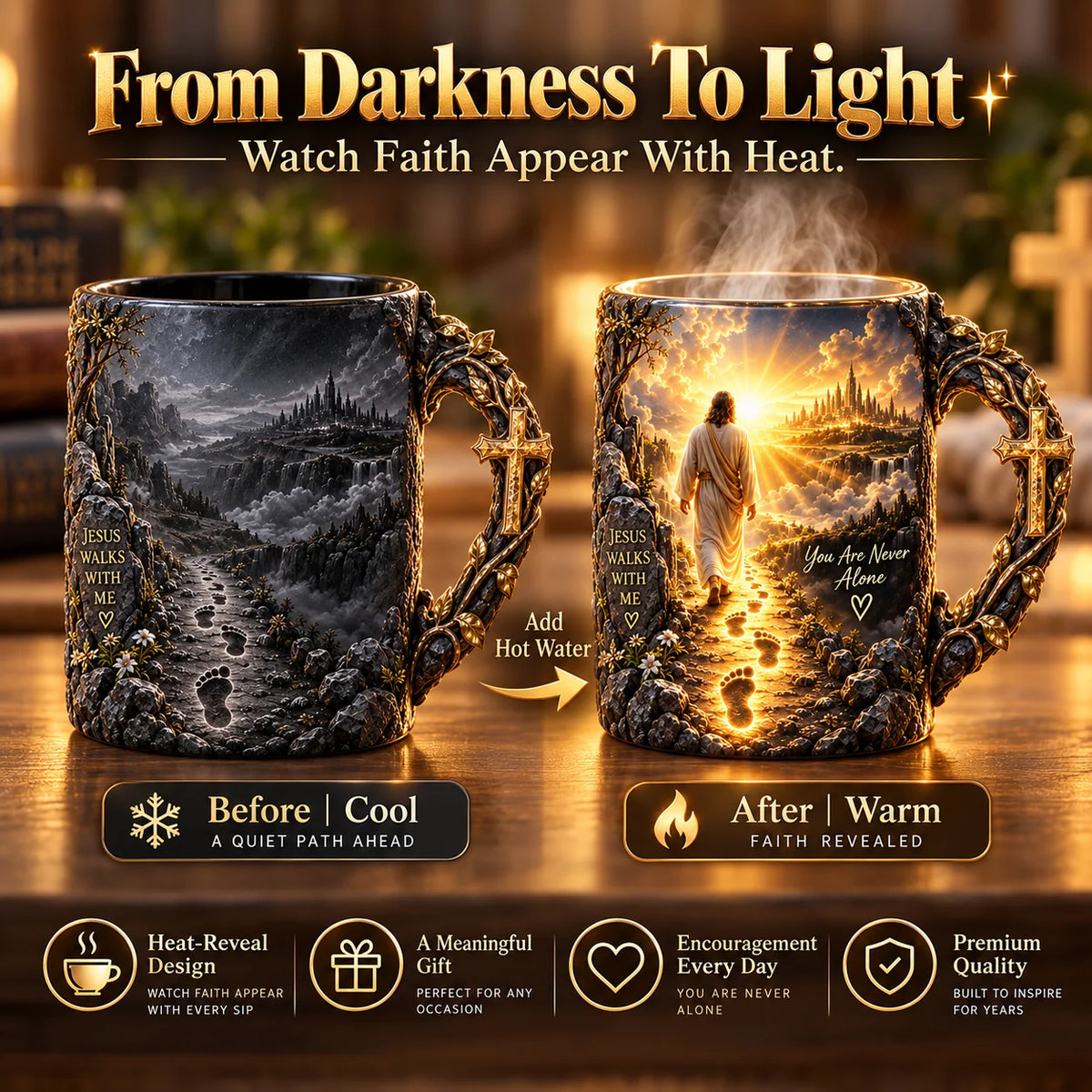 🔥 Last Day 49% OFF ✝️ Faith-Inspired Heat-Reveal Mug – Inspirational Christian Coffee Cup with a “You Are Never Alone” Message