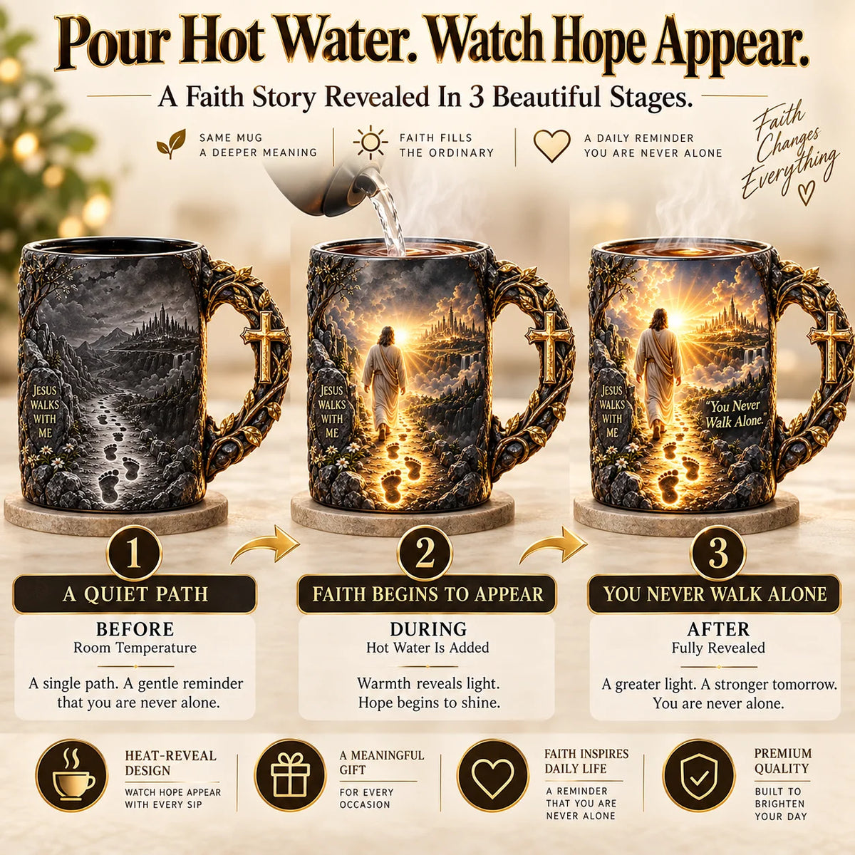 🔥 Last Day 49% OFF ✝️ Faith-Inspired Heat-Reveal Mug – Inspirational Christian Coffee Cup with a “You Are Never Alone” Message