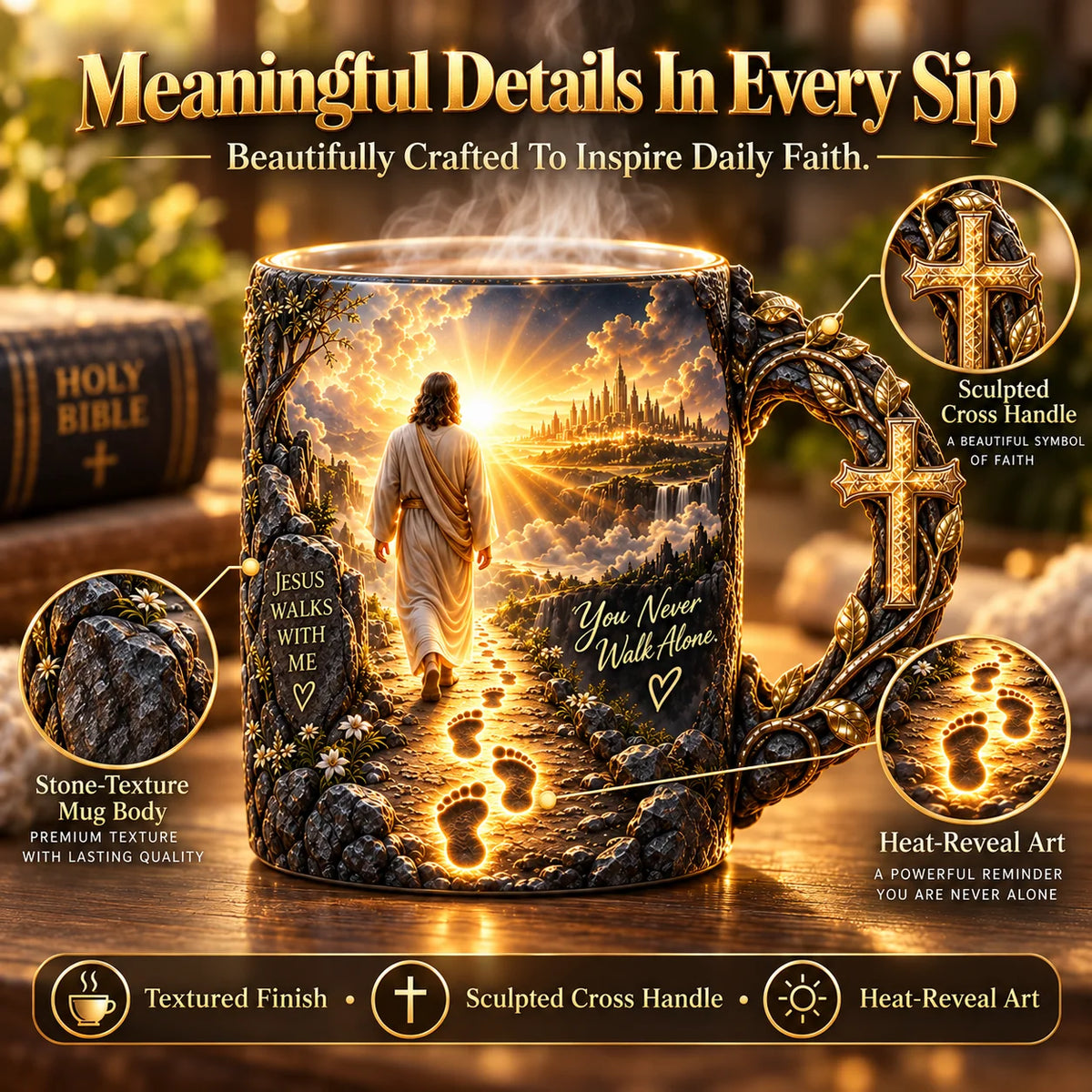🔥 Last Day 49% OFF ✝️ Faith-Inspired Heat-Reveal Mug – Inspirational Christian Coffee Cup with a “You Are Never Alone” Message