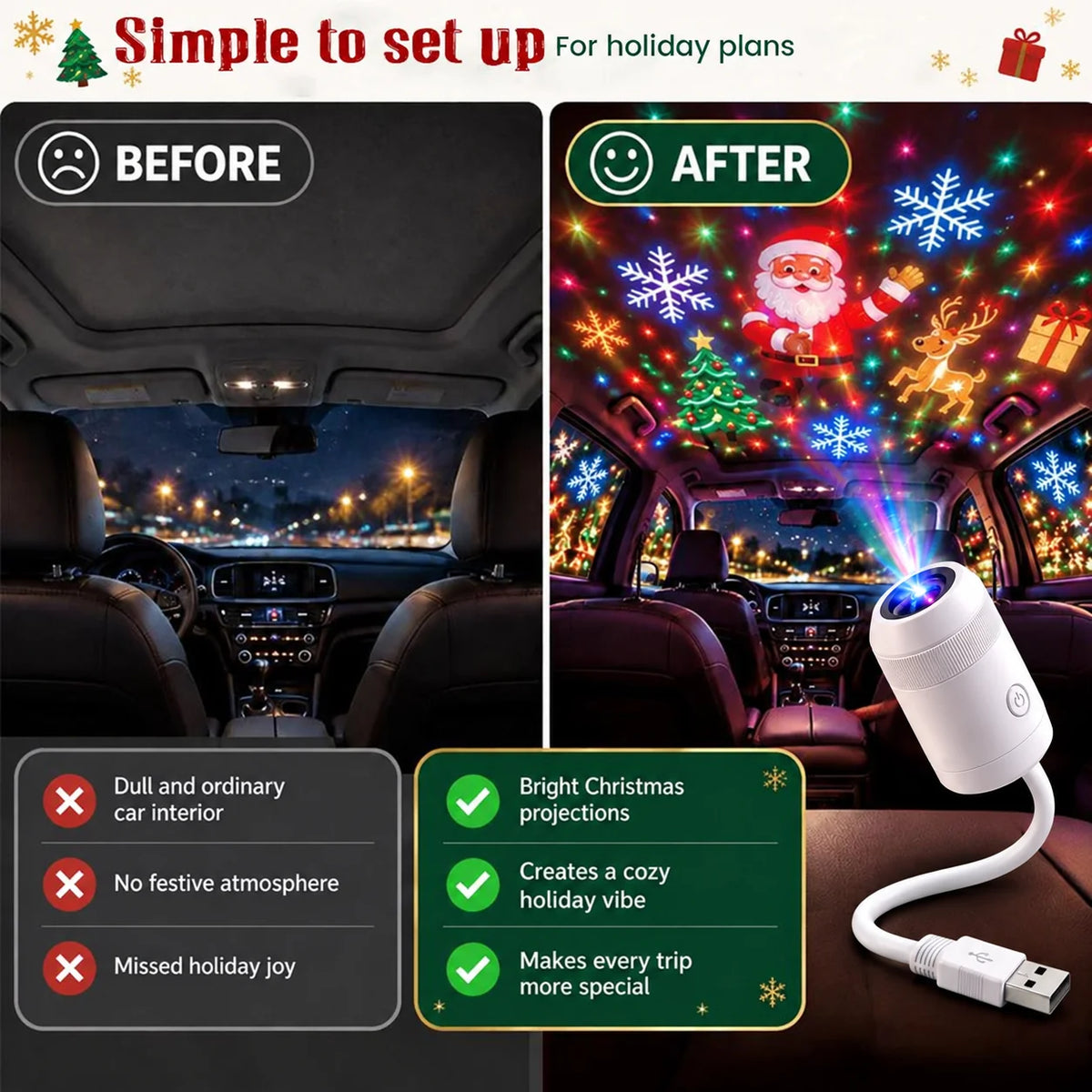 🎅 Christmas Car Projector Lights ✨ Festive Holiday LED Lighting for Your Car