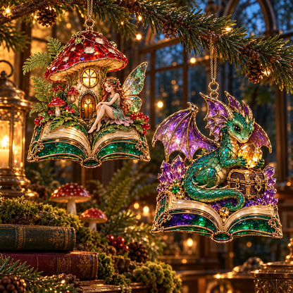 🎄 2026 Enchanted Storybook Christmas Ornaments – Set of 6 |  Stained Glass Fairy Tale Castle, Unicorn, Fairy, Mermaid, Dragon & Snowy Village Hanging Decorations | Magical Christmas Tree Ornaments & Fantasy Lover Gifts